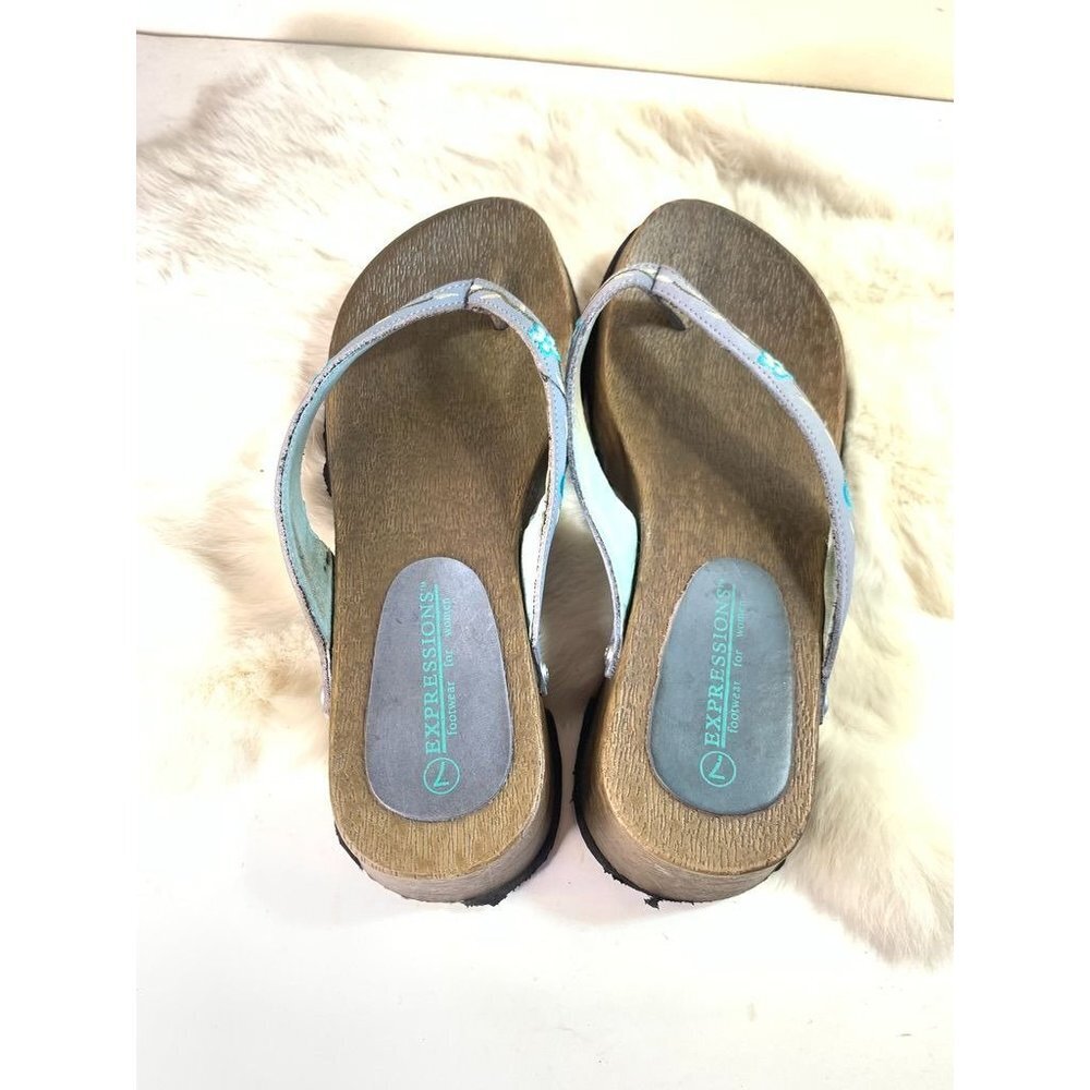 Vintage Y2K Chunky T-Strap Sandal Clog Embroidered Periwinkle Strap Size 7 - Picture 3 of 9